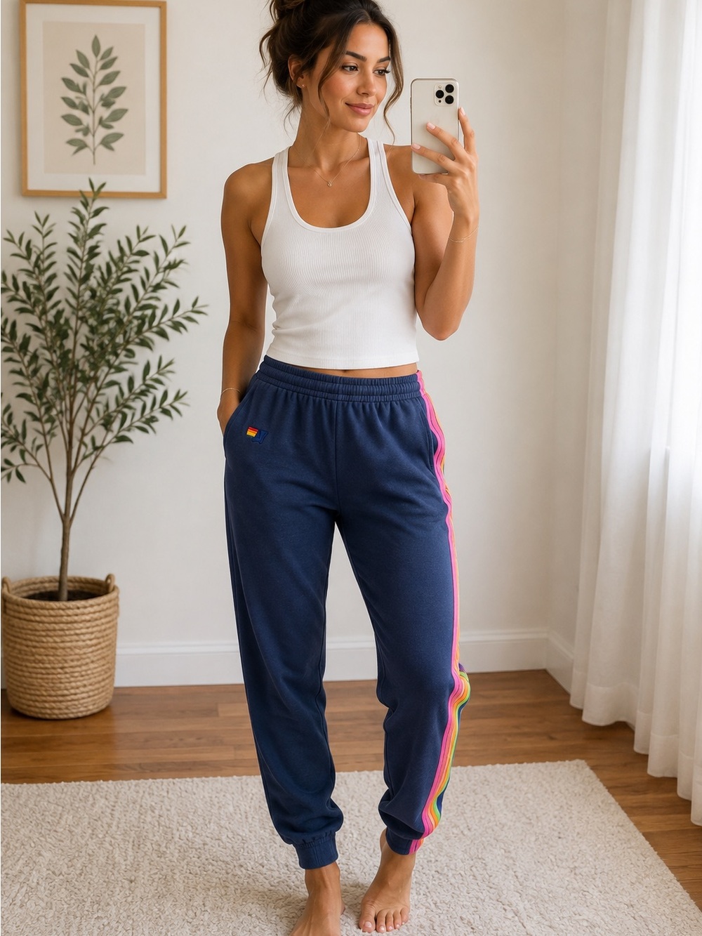 Aviator Nation Navy Joggers with Rainbow Side Stripes